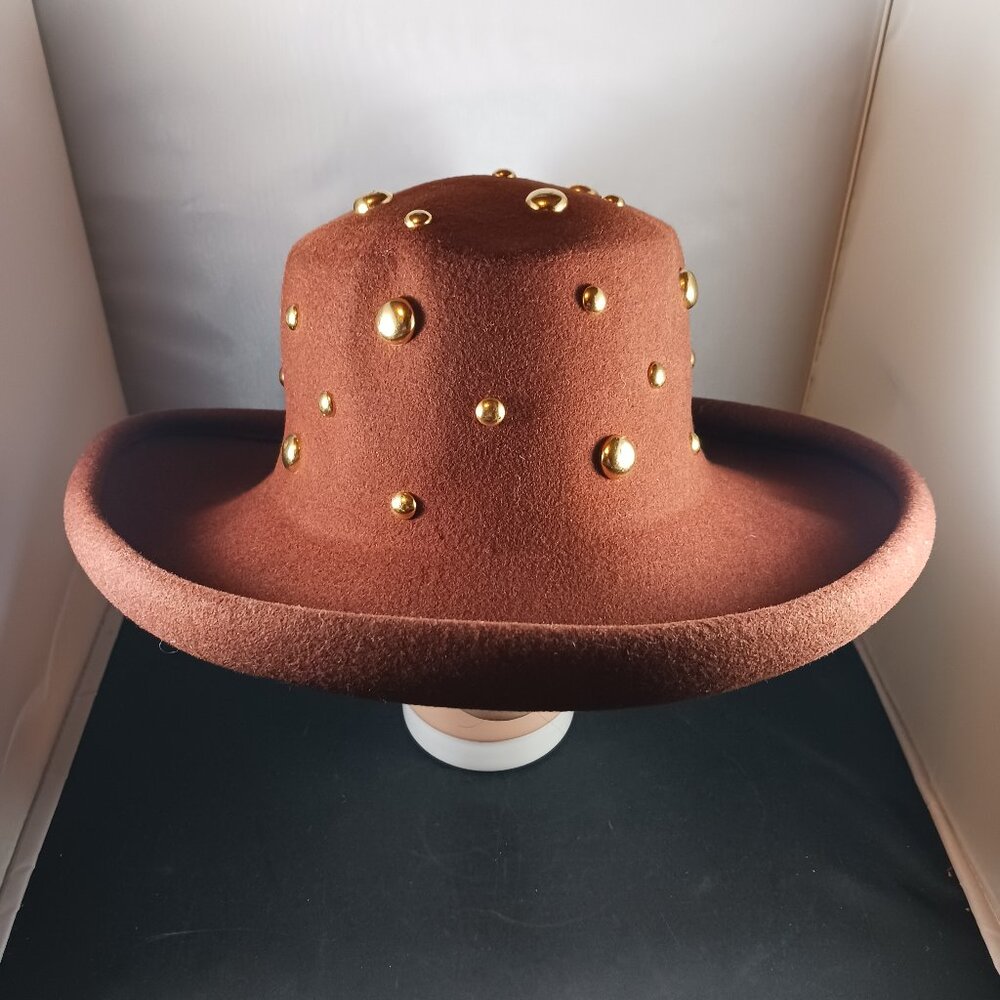 Vintage 100% Wool Gold Studs Women's Brown Felt Hat - Picture 2 of 8